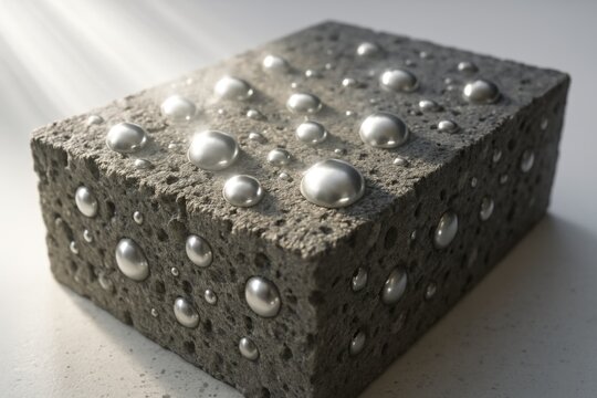 Macro photograph of a porous concrete block with metallic water droplets beading on the surface. The image demonstrates hydrophobic nano-alumina coating technology that prevents water absorption, impr