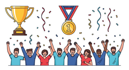 Group of People Celebrating Victory with Trophy and Medal.