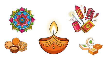 Diwali Celebration Elements: Rangoli Diya Lamp Crackers and Sweets.