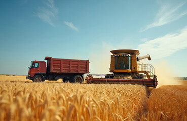 Obraz premium Yellow harvester combine machine cuts ripe wheat field. Red dump truck receives grain. Agriculture farming background with rich crop abundance and blue sky.