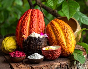 Colorful shot of cocoa pods, ingredients, and leaves on wood