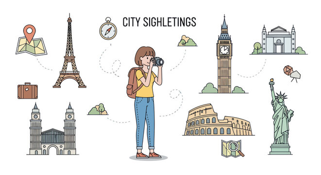 Female Tourist Photographing Famous Global City Landmarks Illustration.