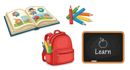 Open book red backpack colored pencils and chalkboard with Learn.