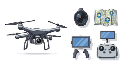 Dark Gray Drone with Camera and Accessories Ready for Flight.