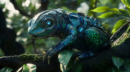 Chameleon with adaptive cyber-skin and optic cloaking system blending into jungle 