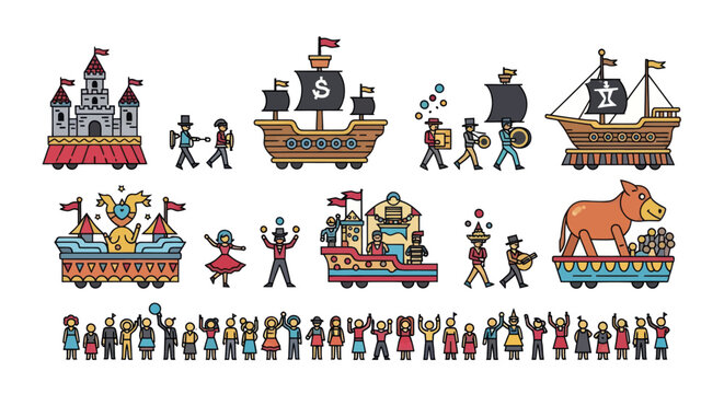 Carnival Parade Floats: Castle Pirate Ships Circus Bull and Costumed People.