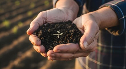 Fototapeta premium Farmer's Hands Holding Rich Soil with Young Sprout - Agriculture, New Life, Growth, Sustainable Farming