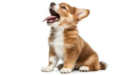 cute puppy with a tongue sticking out. The puppy is sitting on a white background. The puppy has a happy expression on its face