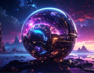 Cosmic sphere reveals a galaxy against a vibrant, alien landscape