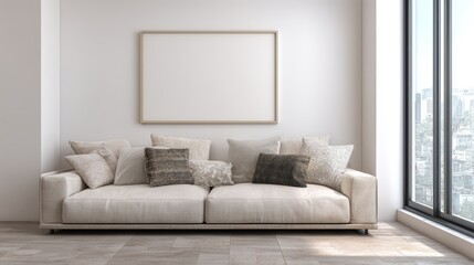 Fototapeta premium interior design of modern living room with beige fabric sofa and cushions. White wall with frame and space for text, living, furniture