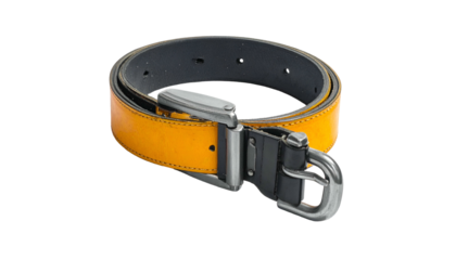 Yellow leather belt with metal buckle, holes along its black back