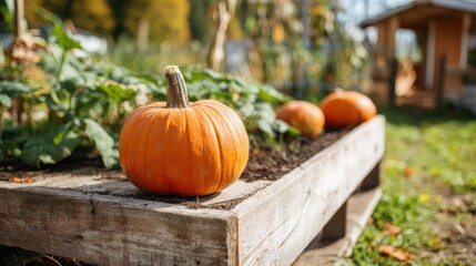 Vibrant orange pumpkin sitting on weathered wooden garden bed in a sunny outdoor farm scene with multiple pumpkins and greenery in autumn