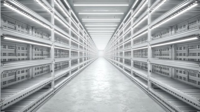 Bright and spacious warehouse with long rows of illuminated shelving. The clean, minimalist design enhances visibility for efficient inventory management.