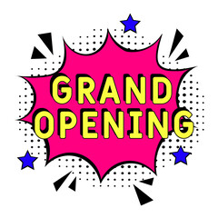 Comic book explosion with text Grand opening, vector illustration. Vector bright cartoon illustration in retro pop art style. upcoming events in pop art style. Grand opening, web banner