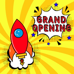 Comic book explosion with text Grand opening, vector illustration. Vector bright cartoon illustration in retro pop art style. upcoming events in pop art style. Grand opening, web banner