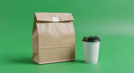 Brown paper bag and coffee cup on green background.