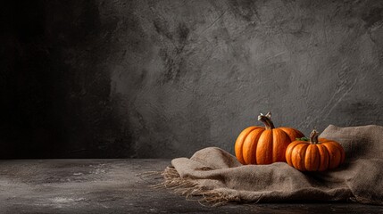 Cozy autumn scene with vibrant orange pumpkins on textured fabric against dark rustic background perfect for harvest or seasonal decor themes