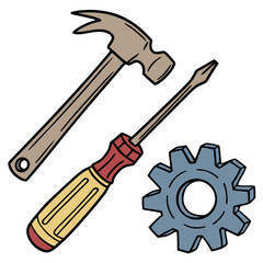 Hand drawn essential tools hammer screwdriver gear vector illustration scalable icons