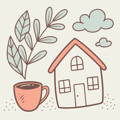 Cozy hand drawn household items vector illustration with house coffee cup and plant art