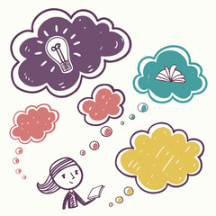 Hand-drawn thought bubbles with icons representing ideas knowledge and creativity