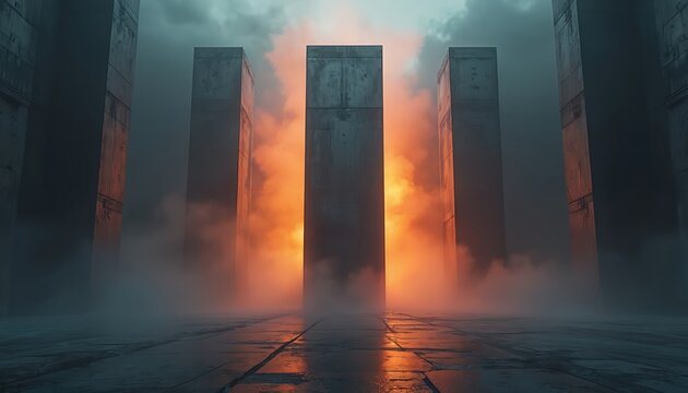 Three dark concrete monoliths rise in misty industrial space. Orange glowing smoke swirls between structures. Dimly lit floor reflects the eerie atmosphere. Futuristic structure or abandoned site. - Powered by Adobe