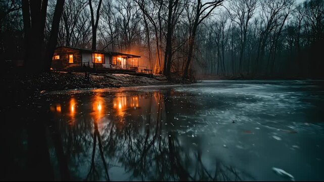 Cozy illuminated cabin reflecting in a dark forest lake at dusk.
