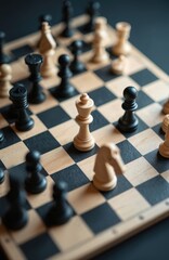 Wooden chess board with black and white pieces in mid-game. Close view captures strategic tension on dark surface. Intellectual challenge for players.