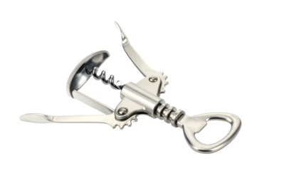Winged corkscrew wine opener, silver metal on black background
