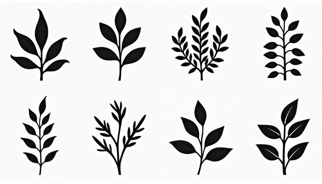 Black plant icons graphic set. Nature themed plants simple designs for print. Various botanical shapes for logo. Eco friendly icons for stickers decor elements for product branding. Plants leaf set