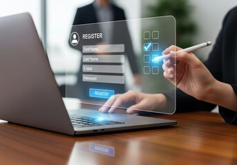 Digital registration process on a futuristic interface with a person using a stylus on a laptop.