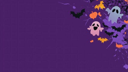 Simple Purple Flat Vector Background with Cute Cartoon Halloween Decorations, Ghost and Bat Icons for PowerPoint Presentation