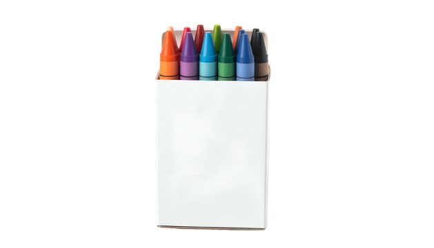 Colorful crayons stand neatly inside a white cardboard box