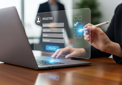 Digital registration process on a futuristic interface with a person using a stylus on a laptop. - Powered by Adobe