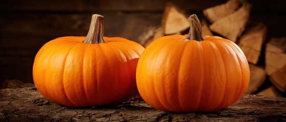 Two vibrant orange pumpkins with smooth surfaces and short stems, placed on a rustic wooden surface against a dark background, perfect for autumn decor
