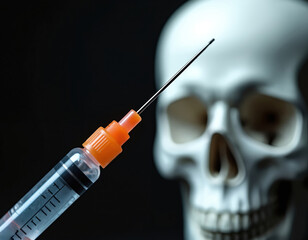 Medical syringe with needle near blurred skull on black background symbolizes danger of injection or death from disease. Health risk concept.