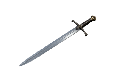 Medieval sword with a complex hilt against a black background
