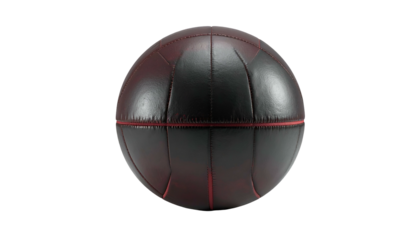 Stitched sphere of dark leather with red highlights, on black