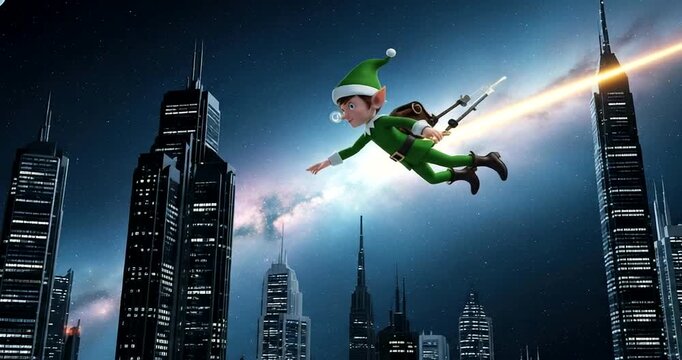 Elf flying through a futuristic city at night with a jetpack and a beam of light