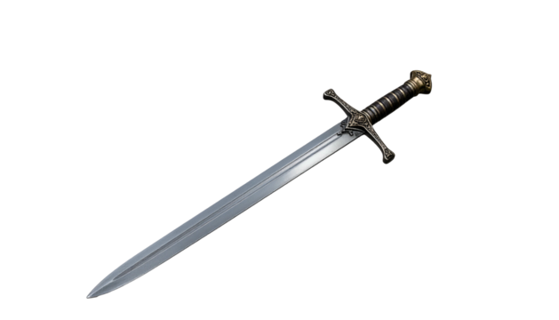Medieval sword with a complex hilt against a black background
