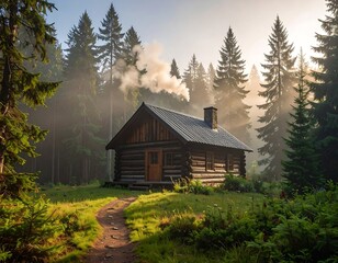 Cozy log cabin nestled in a sunlit forest, smoke rising gently