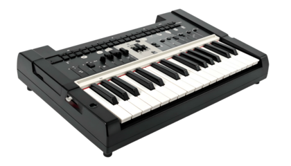Black keyboard with white & black keys, knobs, angled view