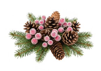 Festive christmas arrangement isolated on transparent background featuring pine cones, frosted berries, and evergreen branches, perfect for holiday designs