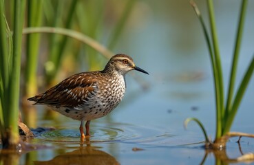 Fototapeta premium Baillons Crake bird stands in shallow water amongst reeds. Small wader bird with spotted brown and white plumage in natural wetland habitat. Wildlife focus.