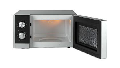 Open microwave oven, interior lit, with silver and black exterior
