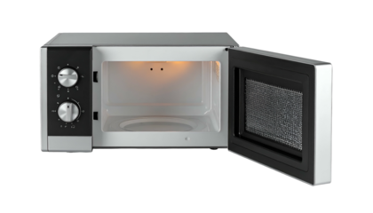 Open microwave oven, interior lit, with silver and black exterior