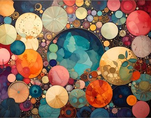 Colorful abstract design composed of various sized, watercolored circles