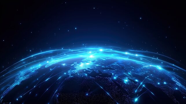 Global Network Earth with Glowing Data Arcs in Space