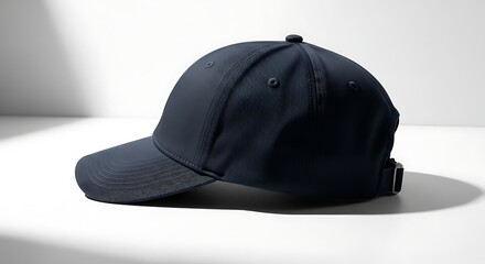Stylish black baseball cap on a white surface with shadow.