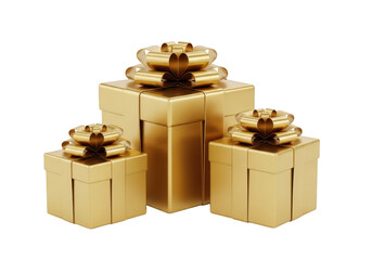 Stack of golden gift boxes with elegant bows, isolated on transparent background, perfect for conveying luxury and celebration in your design projects, adding a touch of opulence