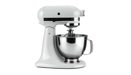 White stand mixer with metal bowl against a black background